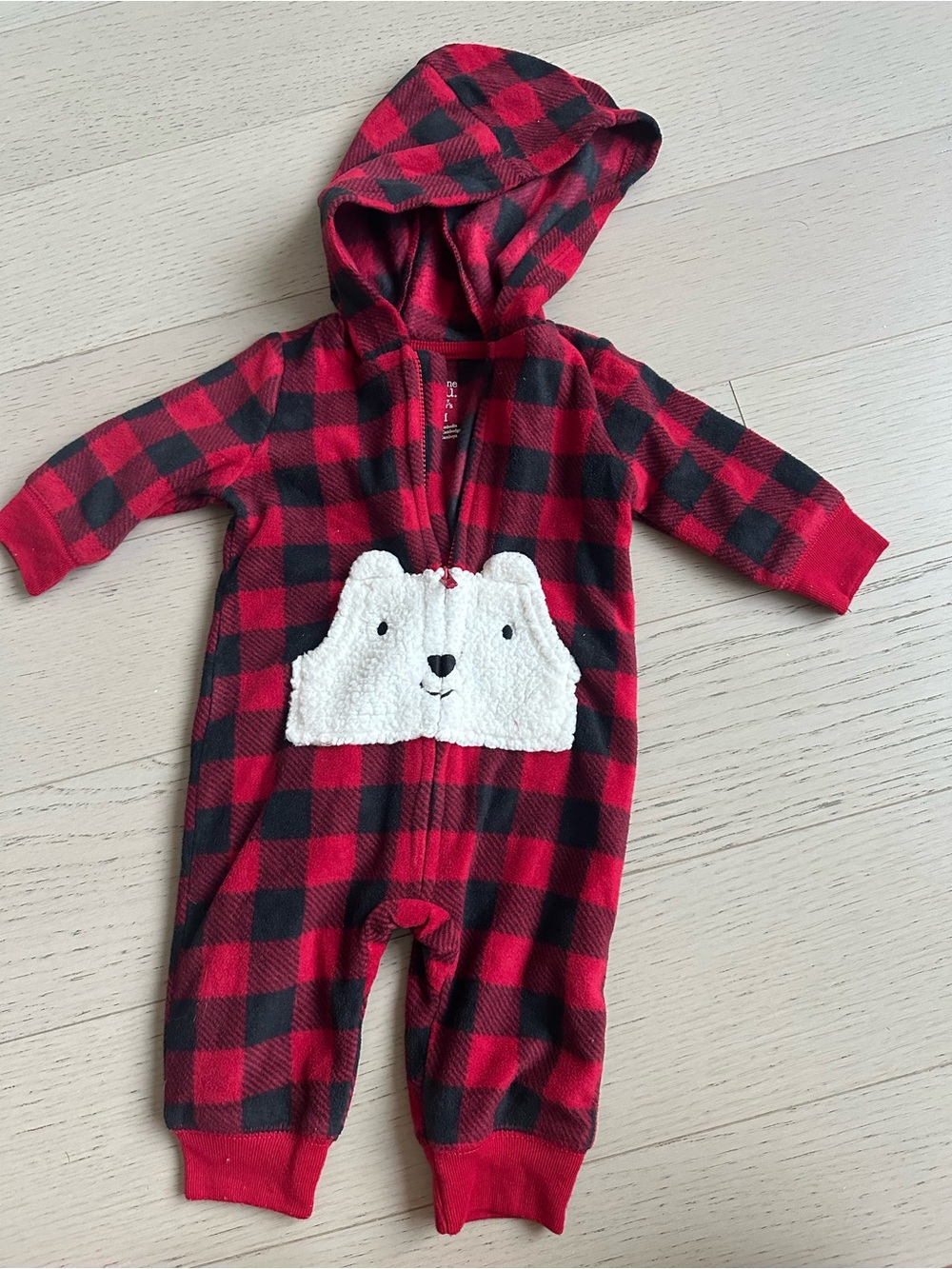 Carter's Red and Black Buffalo Plaid Hooded One-Piece with Bear Pocket